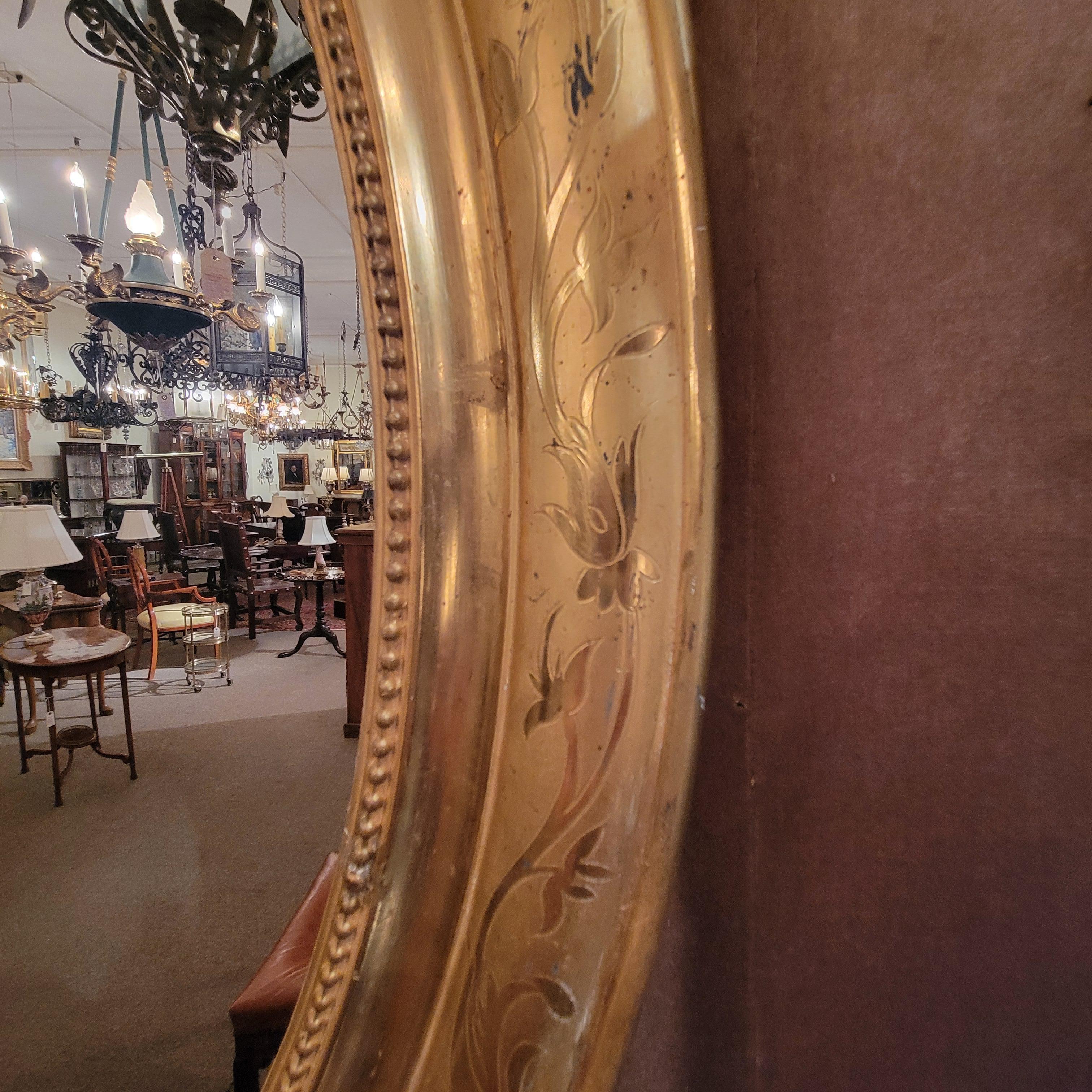 19th Century Pair Antique French Louis Philippe Gold Leaf Oval Mirrors, Circa 1890. For Sale
