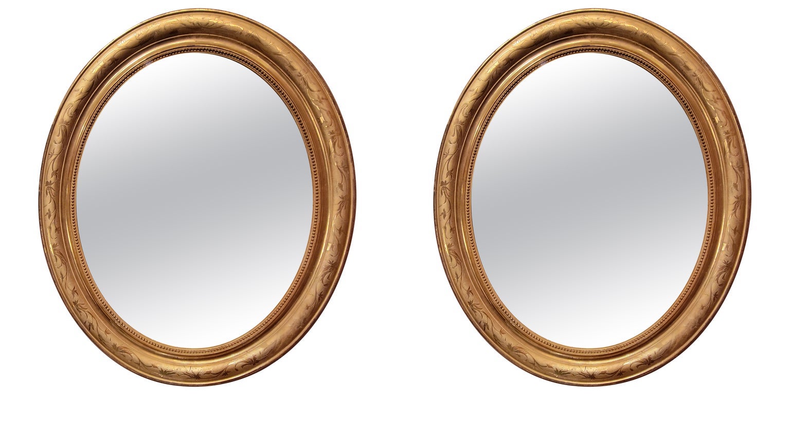 Pair Antique French Louis Philippe Gold Leaf Oval Mirrors, Circa 1890.