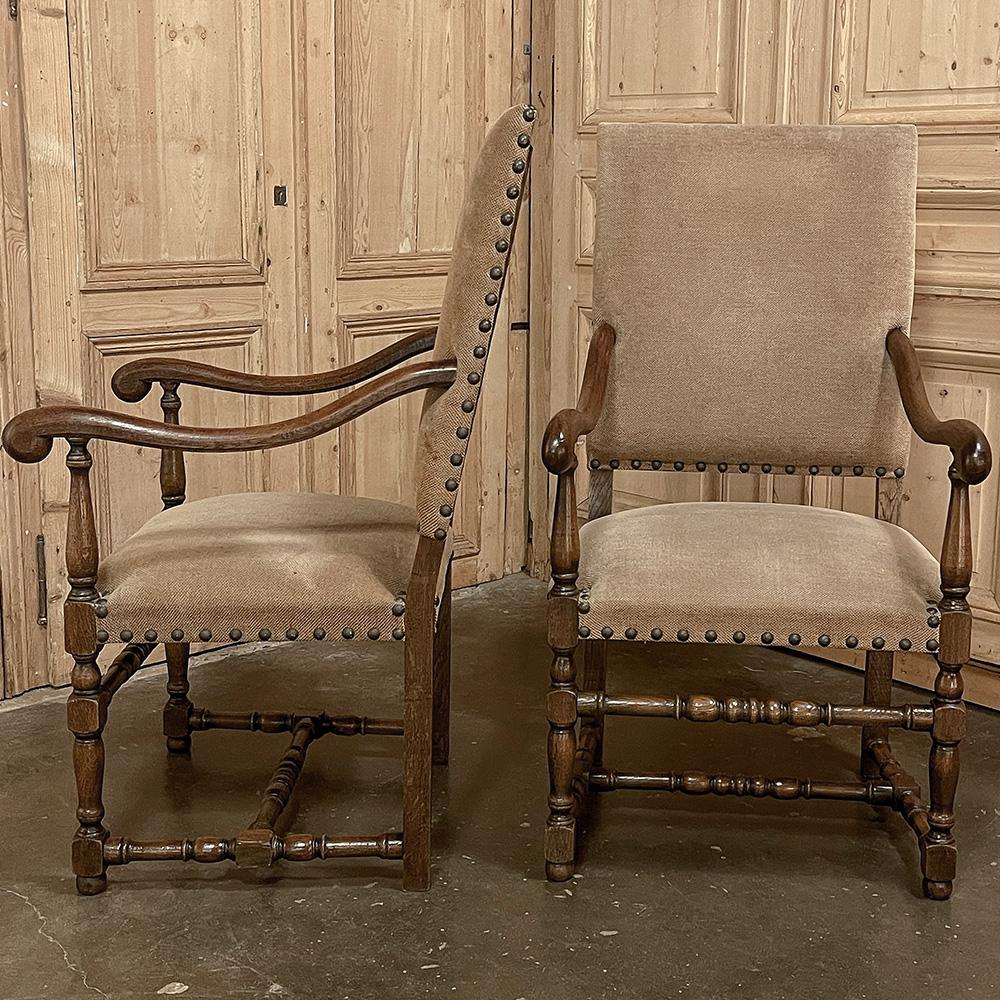 Chenille Pair Antique French Louis XIII Armchairs For Sale