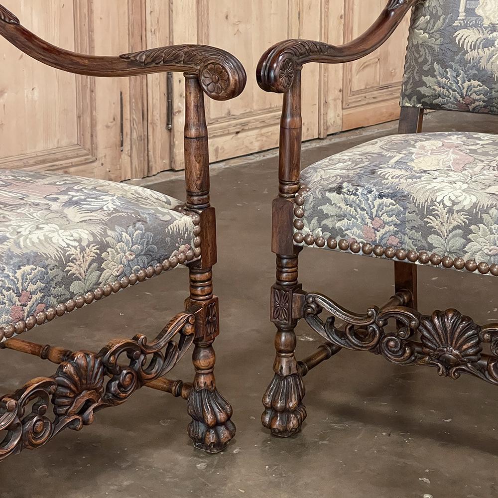 Pair Antique French Louis XIII Armchairs with Tapestry Upholstery For Sale 5