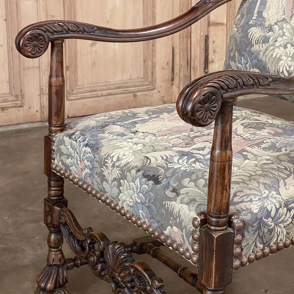 Pair Antique French Louis XIII Armchairs with Tapestry Upholstery For Sale 7
