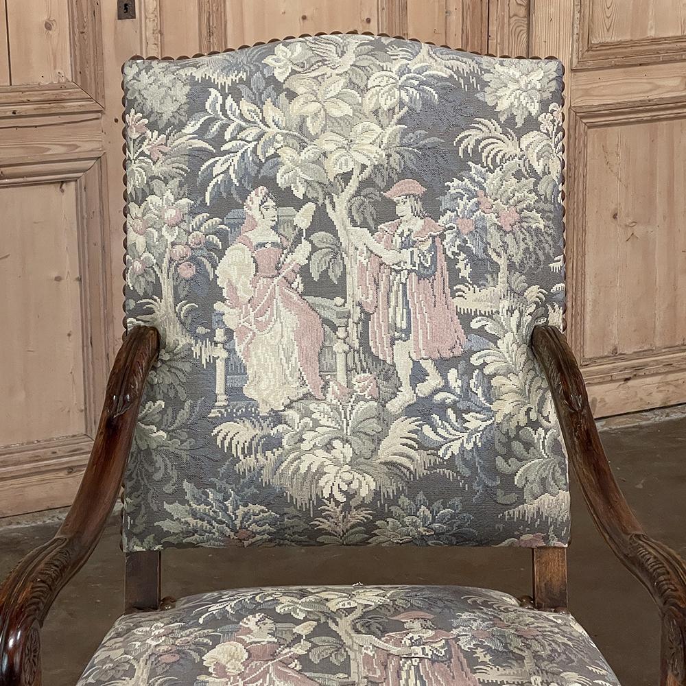 Pair Antique French Louis XIII Armchairs with Tapestry Upholstery For Sale 8