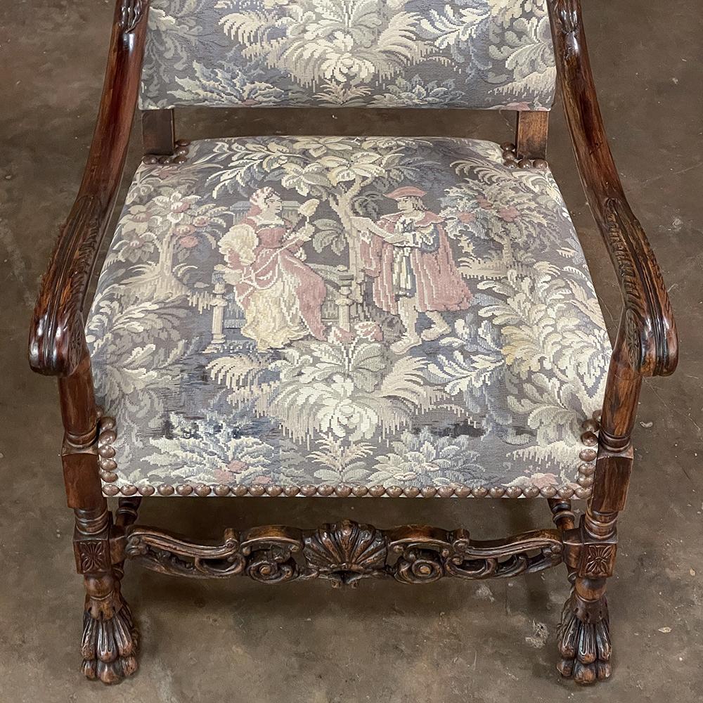 Pair Antique French Louis XIII Armchairs with Tapestry Upholstery For Sale 9