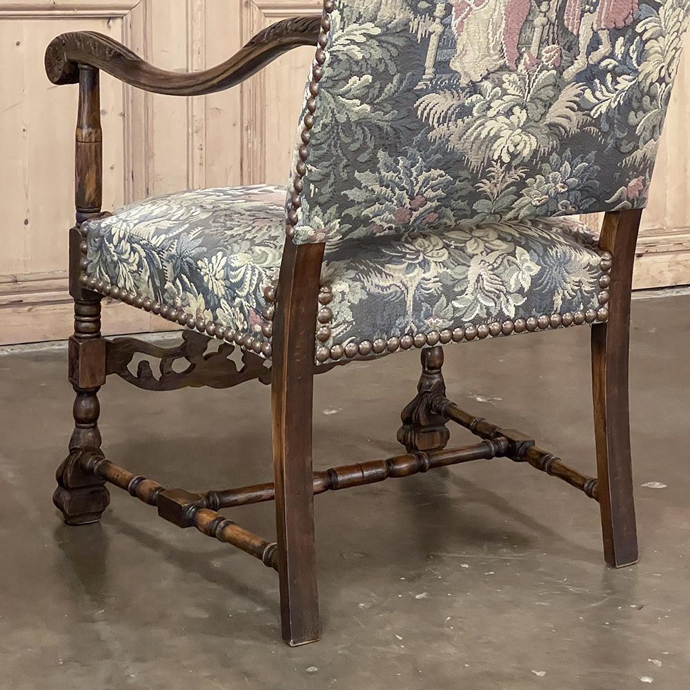 Pair Antique French Louis XIII Armchairs with Tapestry Upholstery For Sale 10