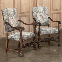 Pair Antique French Louis XIII Armchairs with Tapestry Upholstery