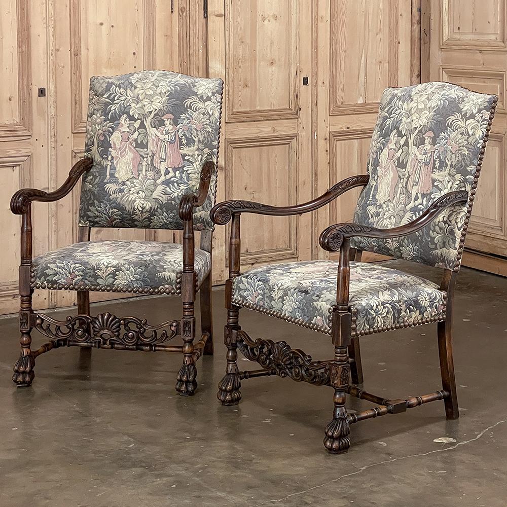 Hand-Crafted Pair Antique French Louis XIII Armchairs with Tapestry Upholstery For Sale