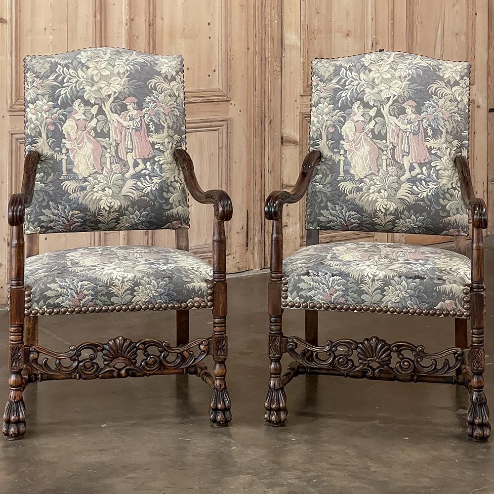 Pair Antique French Louis XIII Armchairs with Tapestry Upholstery In Good Condition For Sale In Dallas, TX