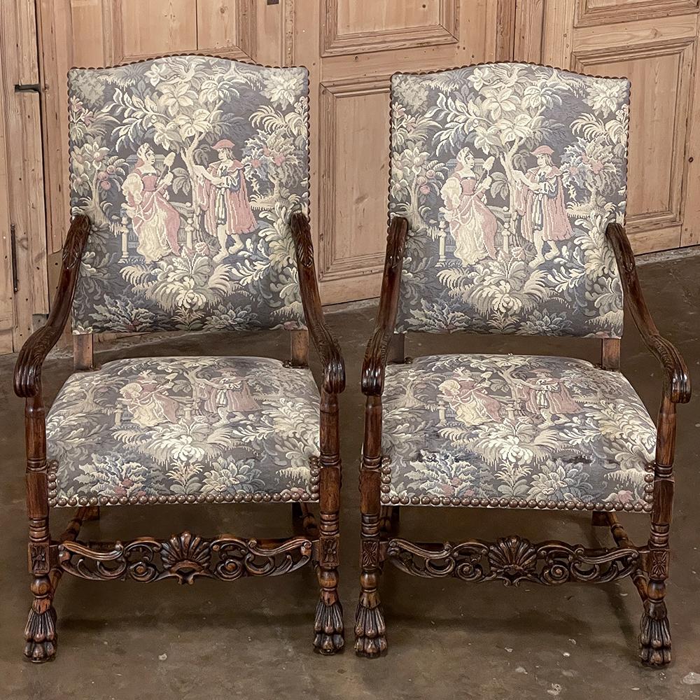 20th Century Pair Antique French Louis XIII Armchairs with Tapestry Upholstery For Sale