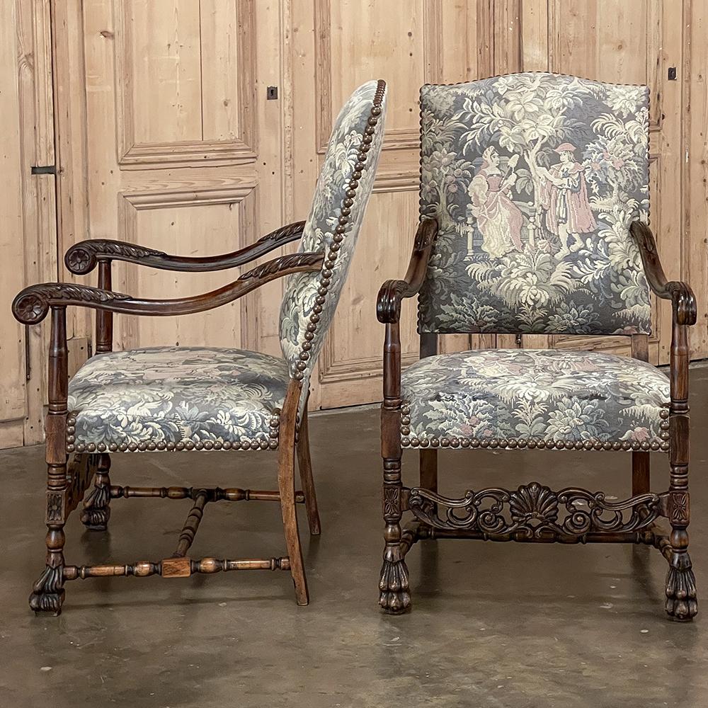 Pair Antique French Louis XIII Armchairs with Tapestry Upholstery For Sale 1