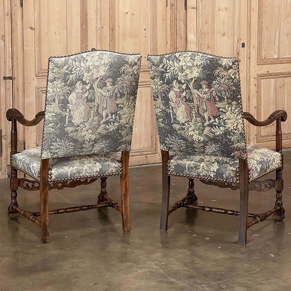Pair Antique French Louis XIII Armchairs with Tapestry Upholstery For Sale 2