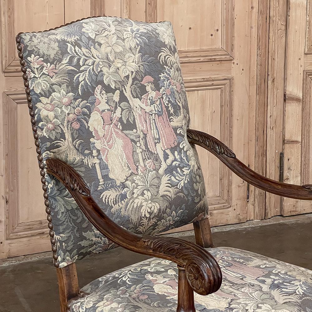 Pair Antique French Louis XIII Armchairs with Tapestry Upholstery For Sale 3