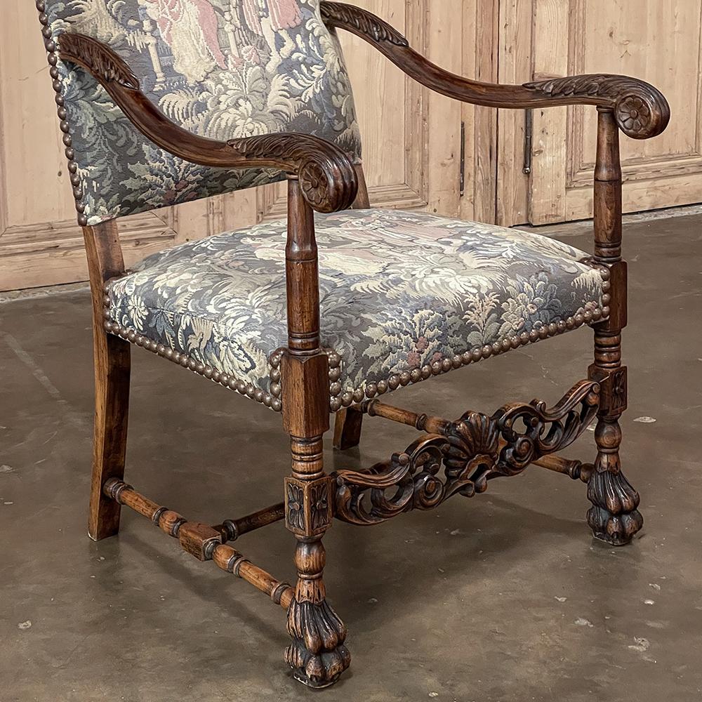 Pair Antique French Louis XIII Armchairs with Tapestry Upholstery For Sale 4