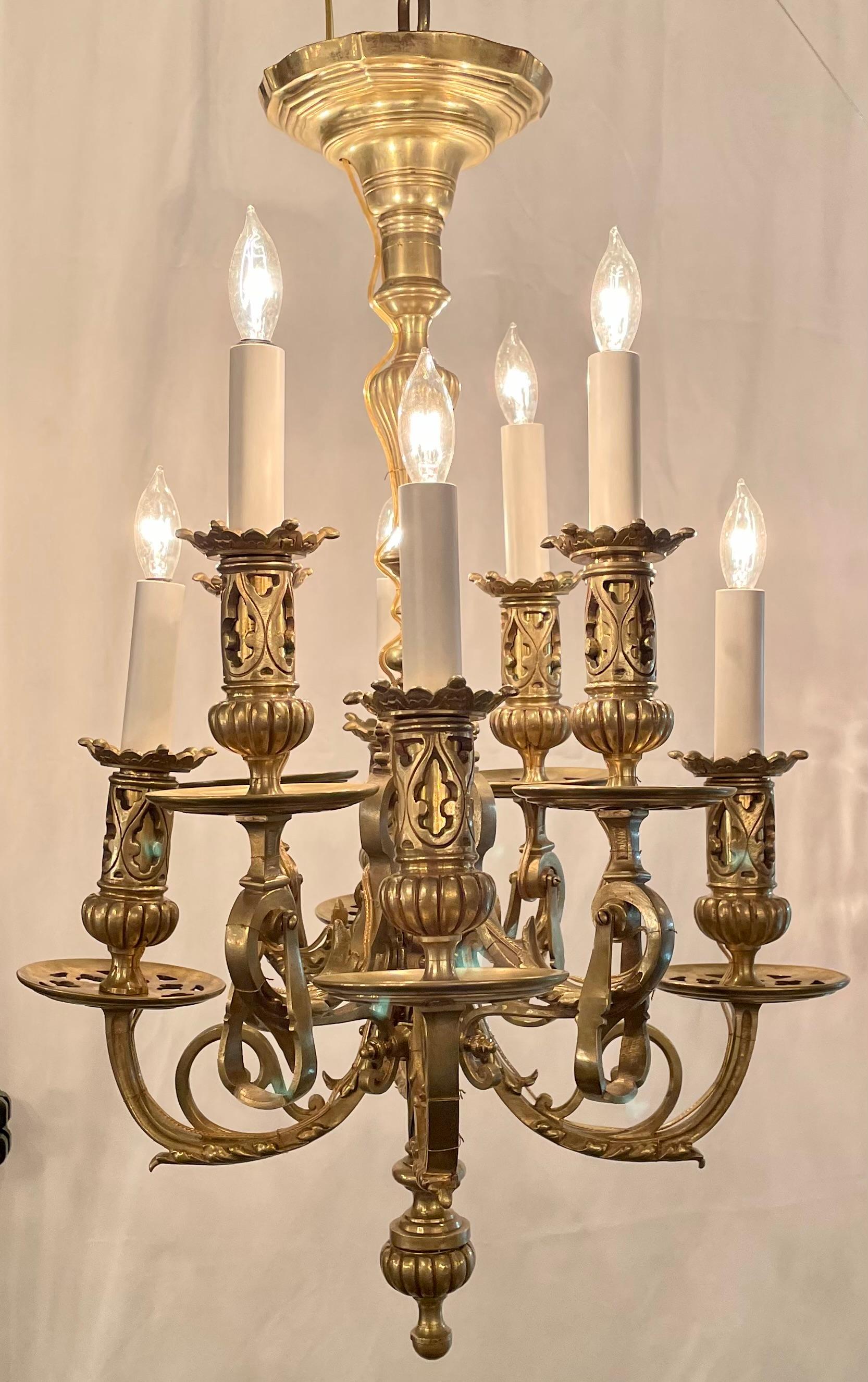 Pair small antique French Louis XIII style bronze chandeliers, circa 1860-1870.