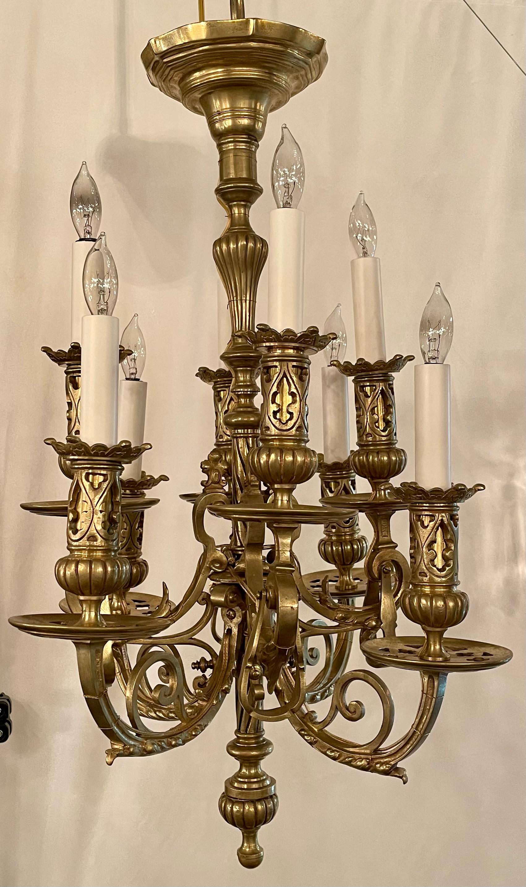 Pair Antique French Louis XIII Style Gold Bronze Chandeliers circa 1860-1870 In Good Condition For Sale In New Orleans, LA