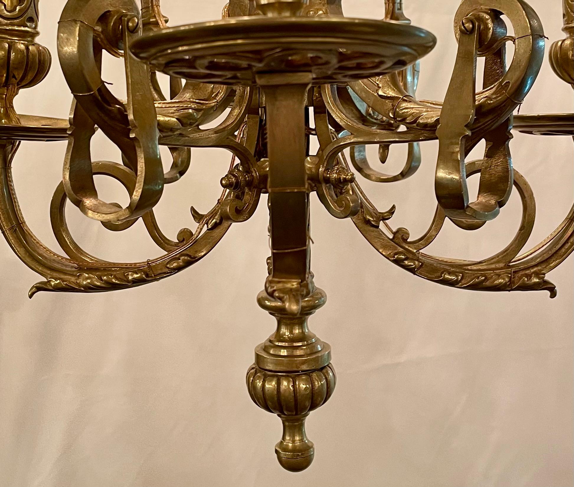19th Century Pair Antique French Louis XIII Style Gold Bronze Chandeliers circa 1860-1870 For Sale