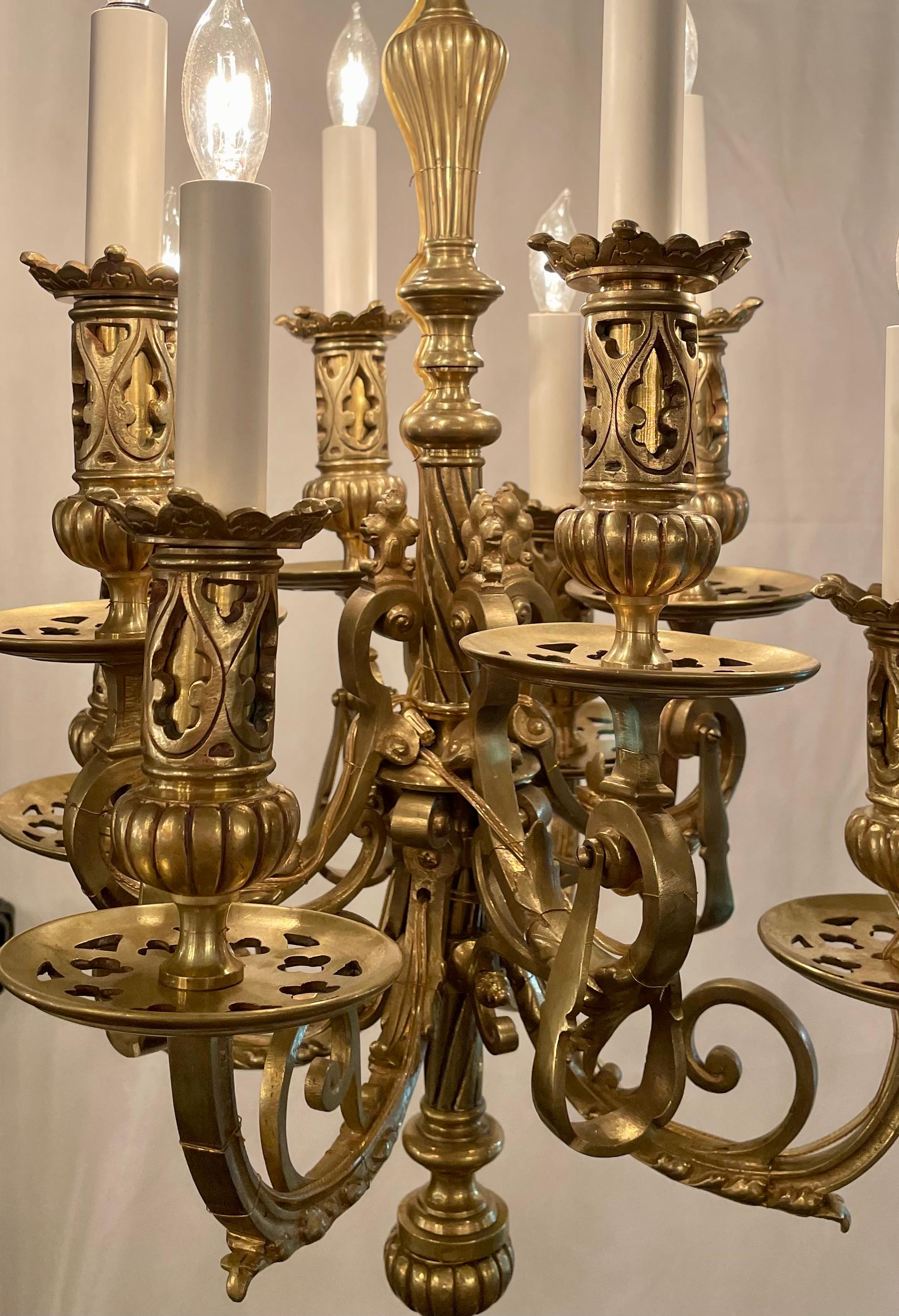 Pair Antique French Louis XIII Style Gold Bronze Chandeliers circa 1860-1870 For Sale 2