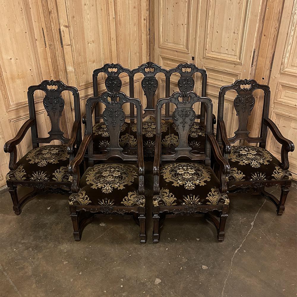 Pair antique French Louis XIV armchairs ~ Fauteuils will bring a truly regal air to your room, along with some surprisingly comfortable seating! Hand-crafted from thick planks and posts of solid old-growth oak, each features an arched seatback
