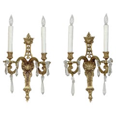 Pair Antique French Louis XIV Bronze Sconces with Crystals
