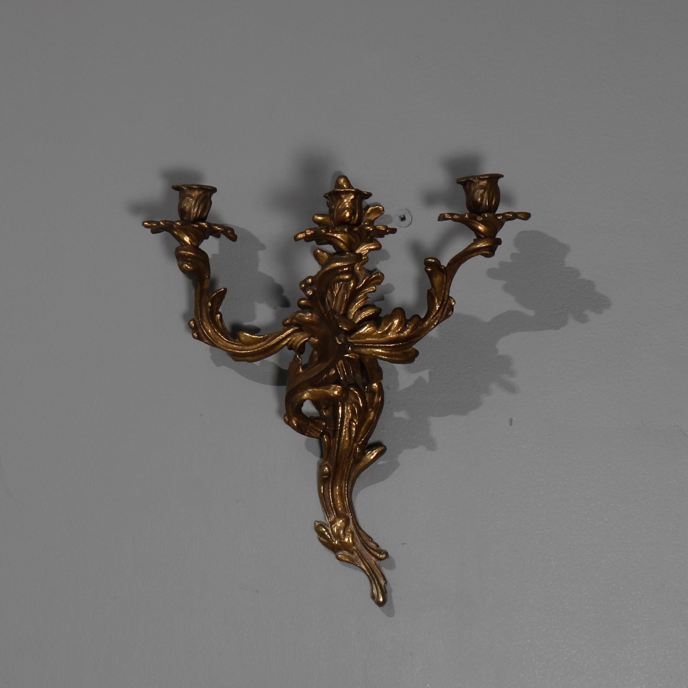 Cast Pair of Antique French Louis XIV Bronze Three-Arm Foliate Candle Wall Sconces