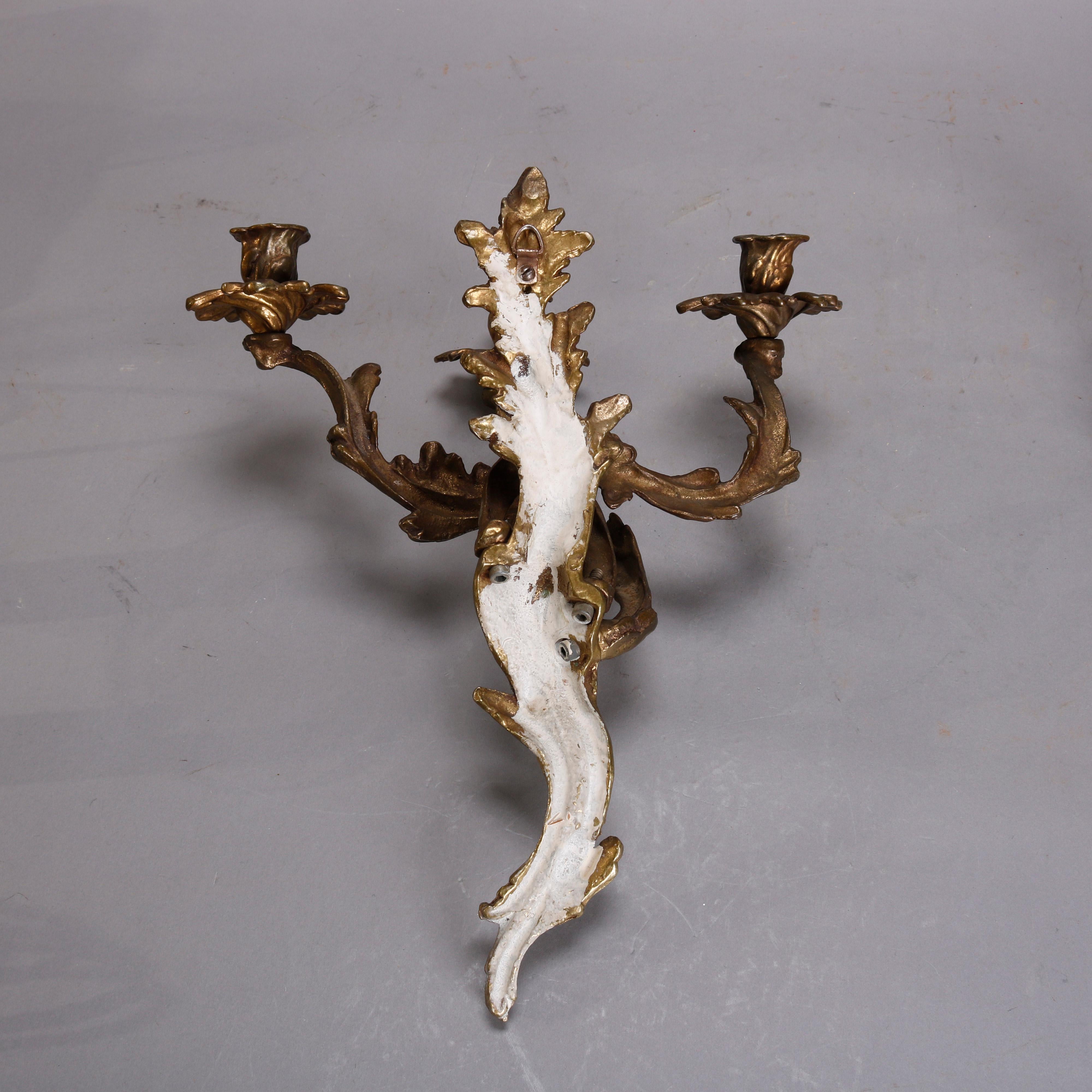 Pair of Antique French Louis XIV Bronze Three-Arm Foliate Candle Wall Sconces In Good Condition In Big Flats, NY
