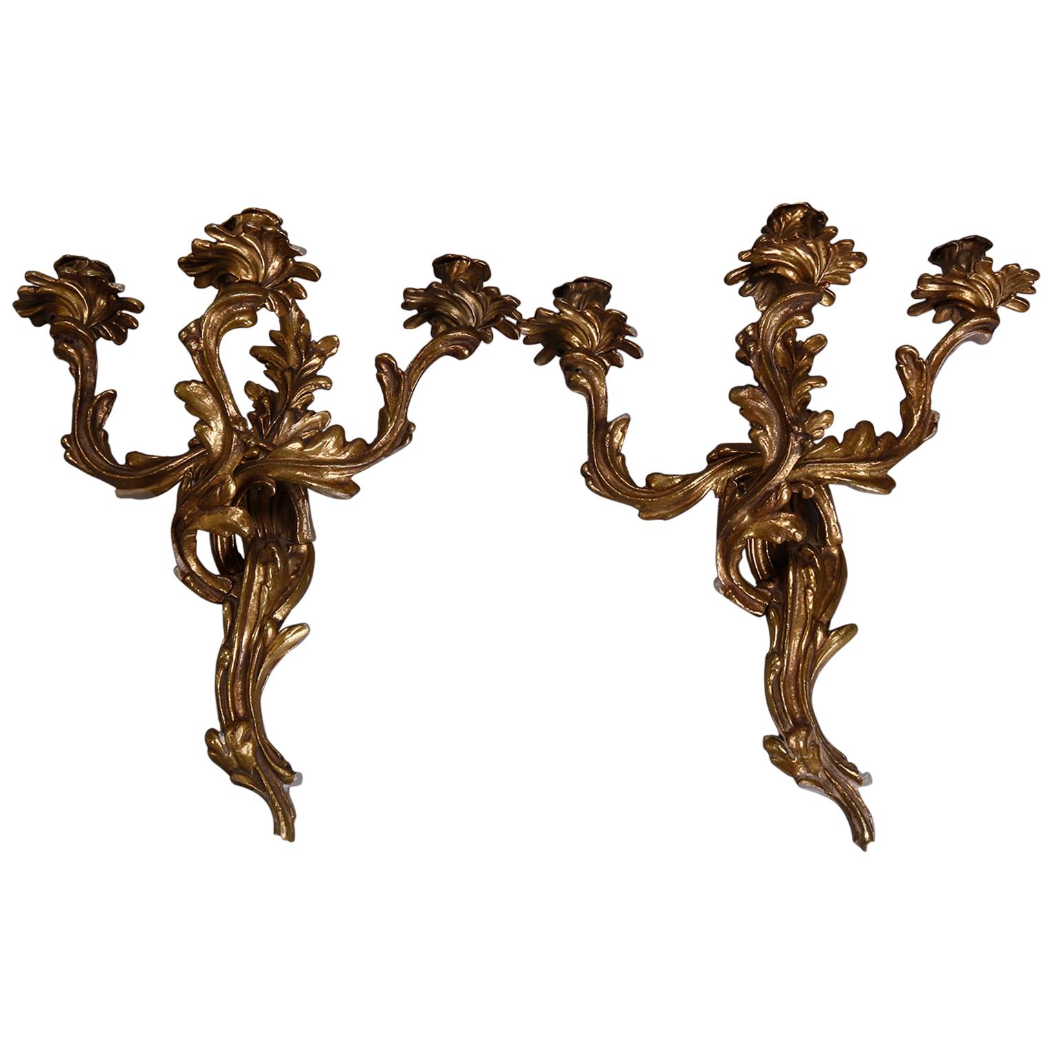 Pair of Antique French Louis XIV Bronze Three-Arm Foliate Candle Wall Sconces