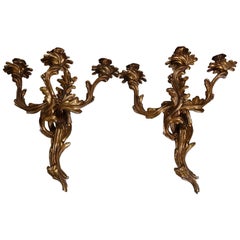 Pair of Antique French Louis XIV Bronze Three-Arm Foliate Candle Wall Sconces