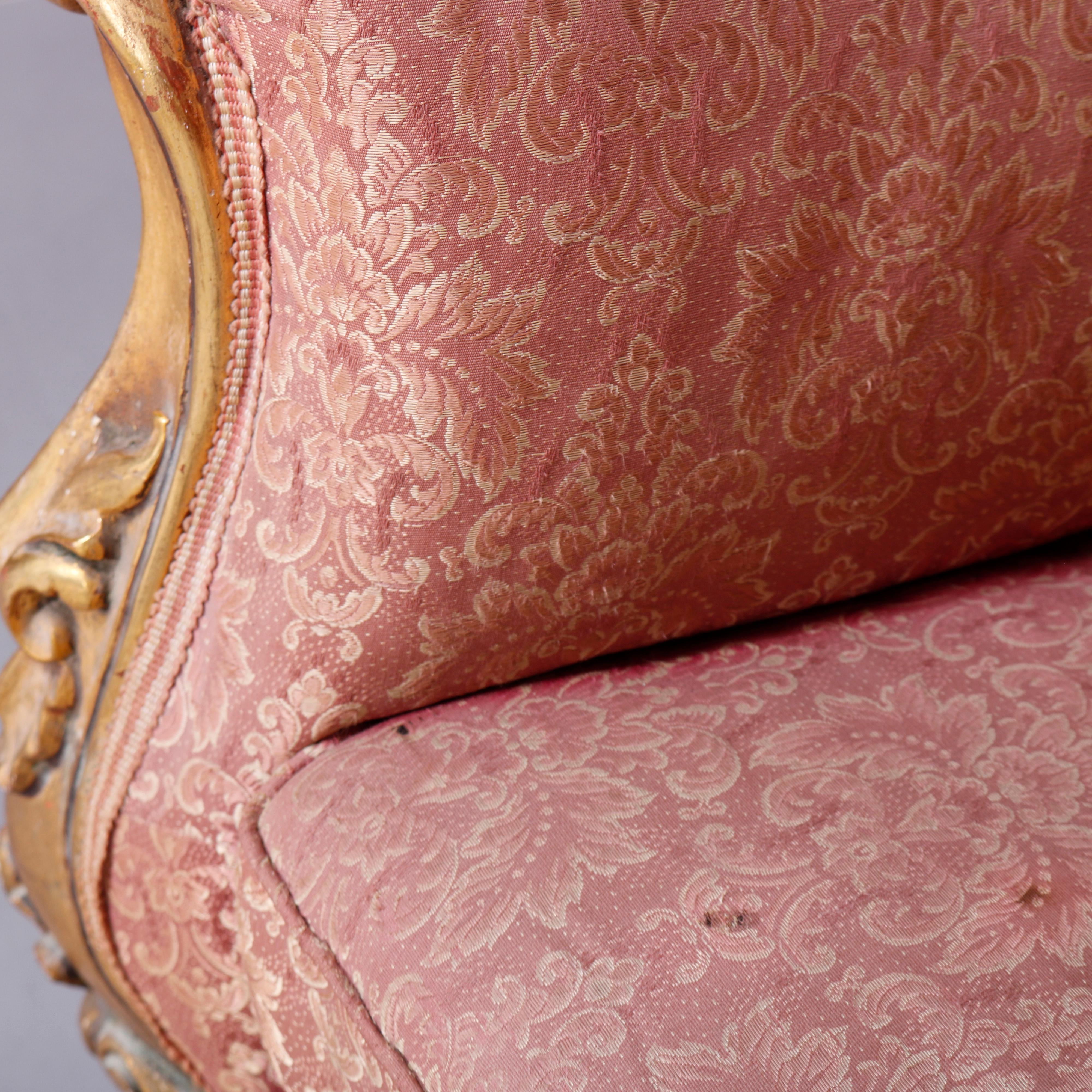 Pair Antique French Louis XIV Gilt Wood Upholstered Wing Back Chairs, Circa 1910 4
