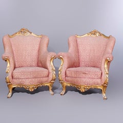 Pair Antique French Louis XIV Gilt Wood Upholstered Wing Back Chairs, Circa 1910