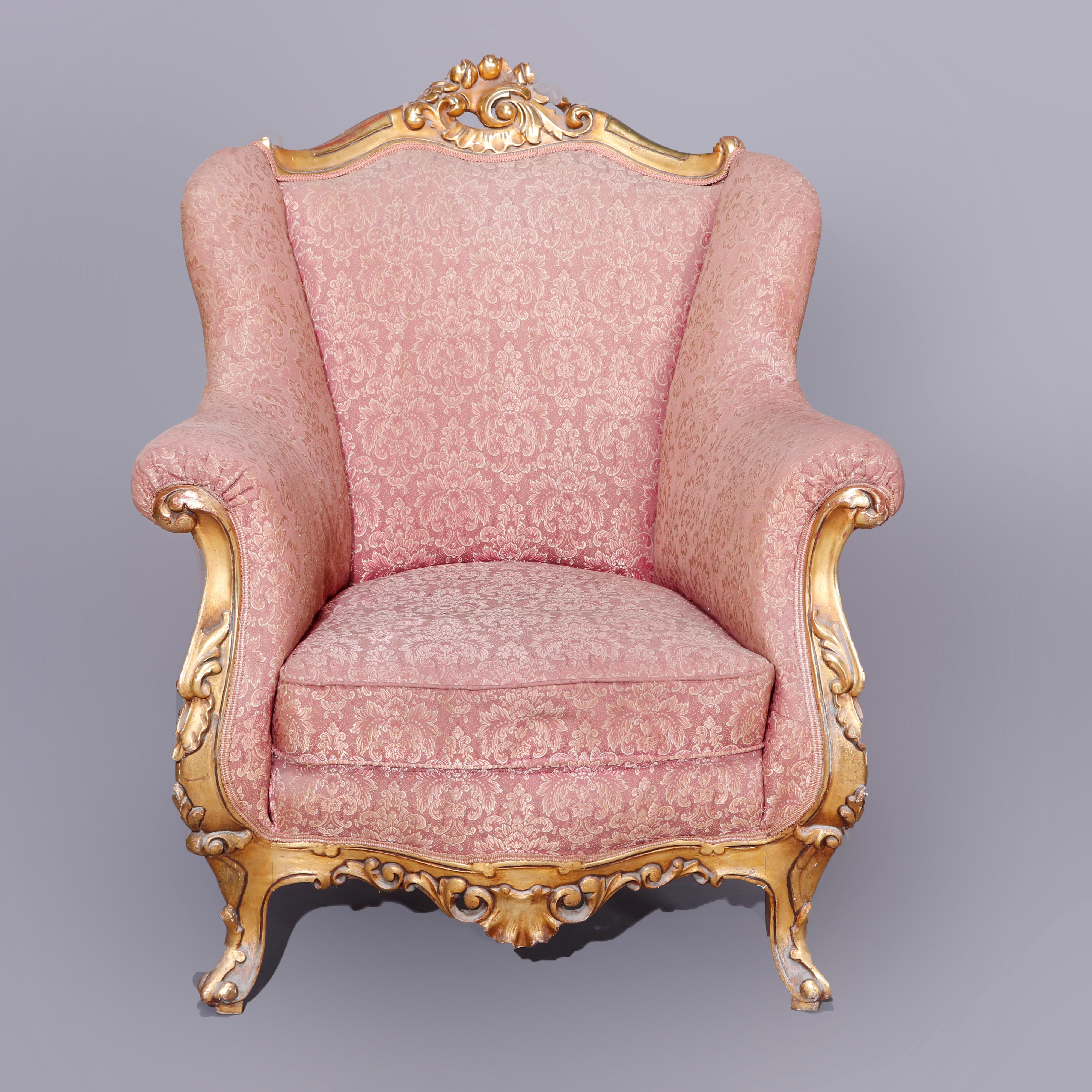 Pair Antique French Louis XIV Gilt Wood Upholstered Wing Back Chairs, Circa 1910 In Good Condition In Big Flats, NY