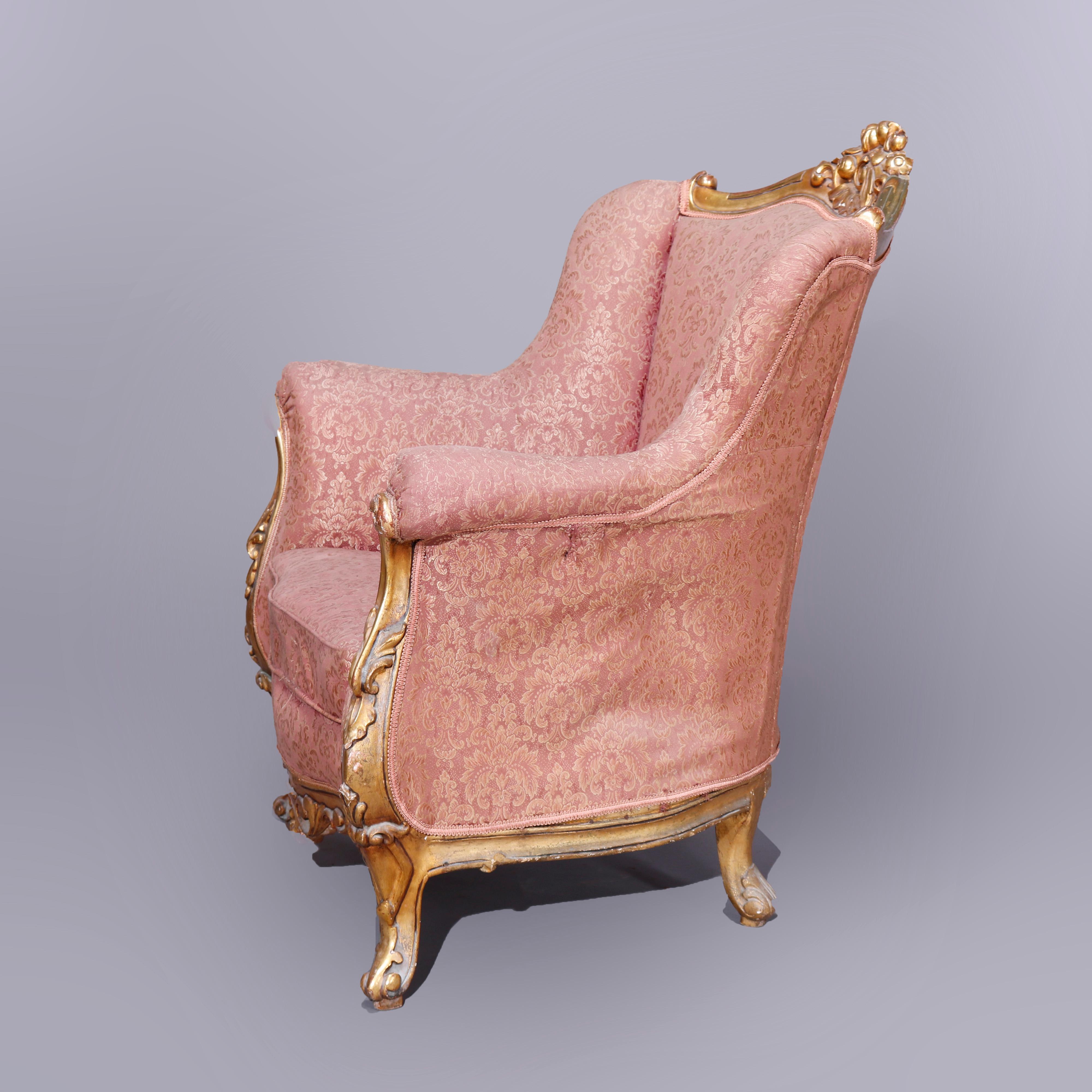 20th Century Pair Antique French Louis XIV Gilt Wood Upholstered Wing Back Chairs, Circa 1910
