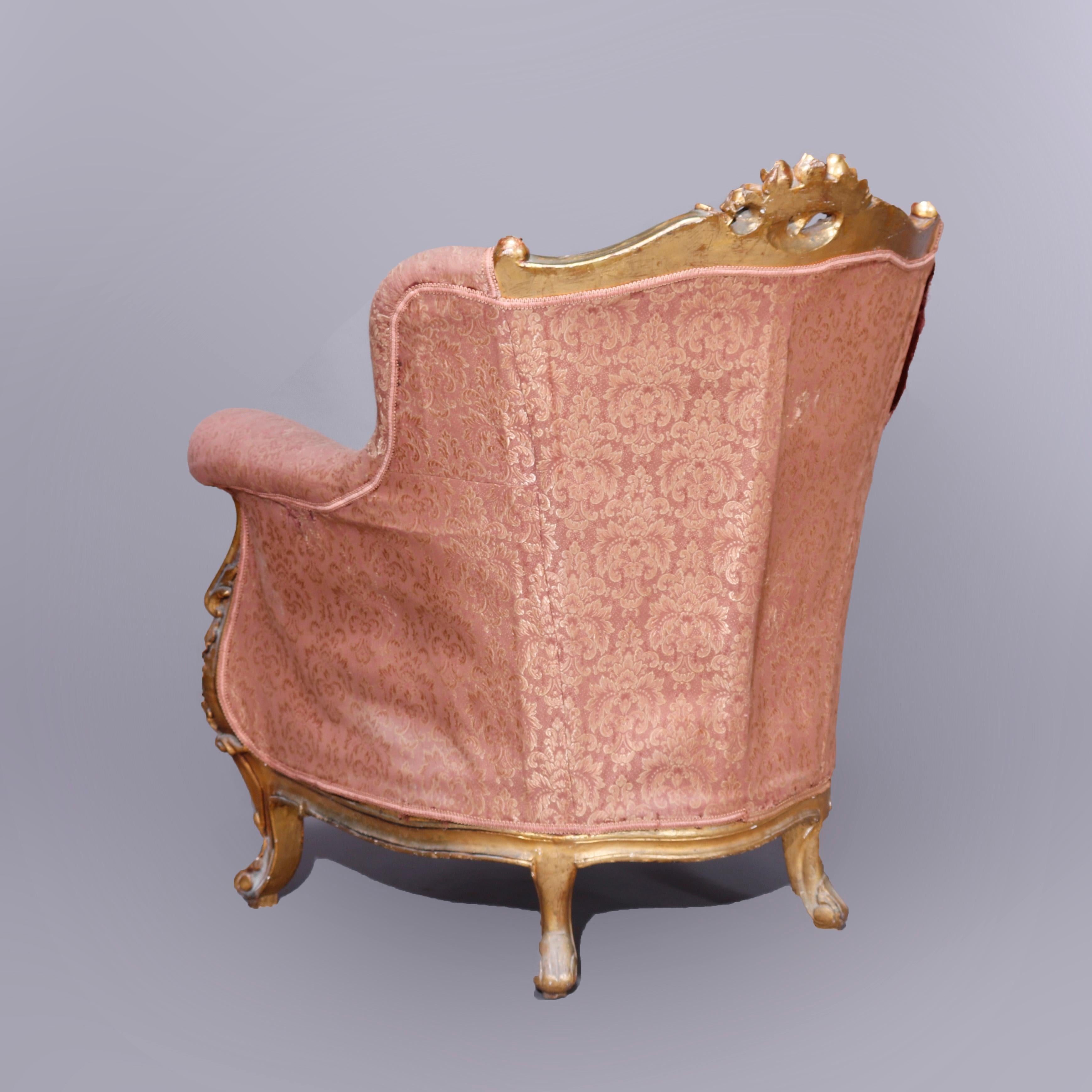 Upholstery Pair Antique French Louis XIV Gilt Wood Upholstered Wing Back Chairs, Circa 1910