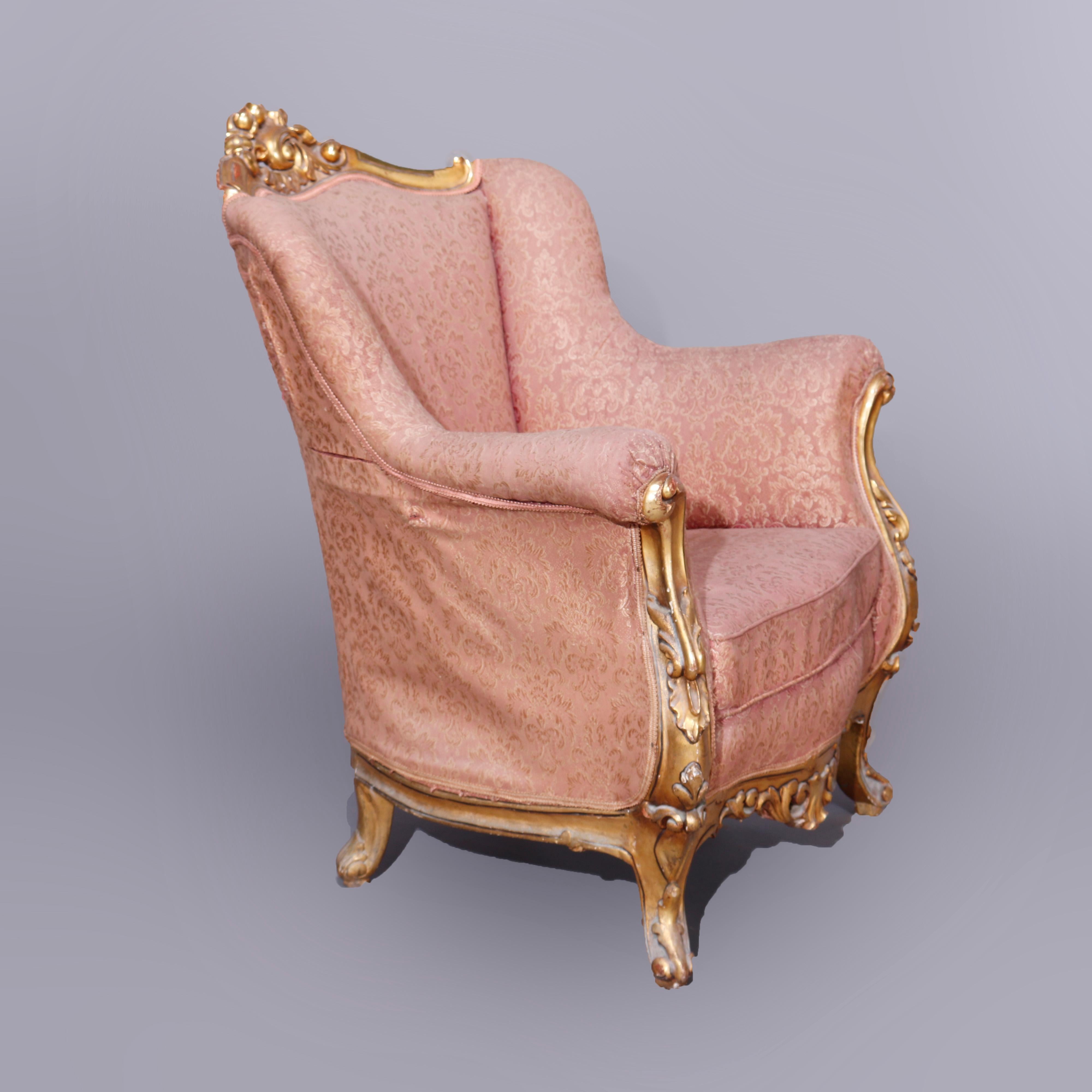 Pair Antique French Louis XIV Gilt Wood Upholstered Wing Back Chairs, Circa 1910 2