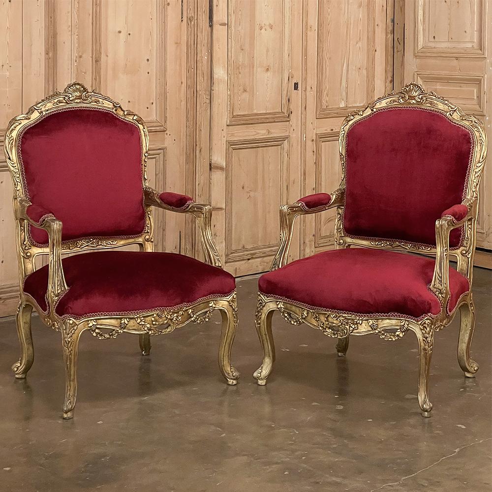 Hand-Carved Pair Antique French Louis XIV Giltwood Armchairs ~ Fauteuils For Sale