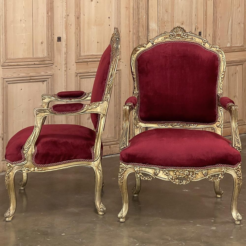 20th Century Pair Antique French Louis XIV Giltwood Armchairs ~ Fauteuils For Sale