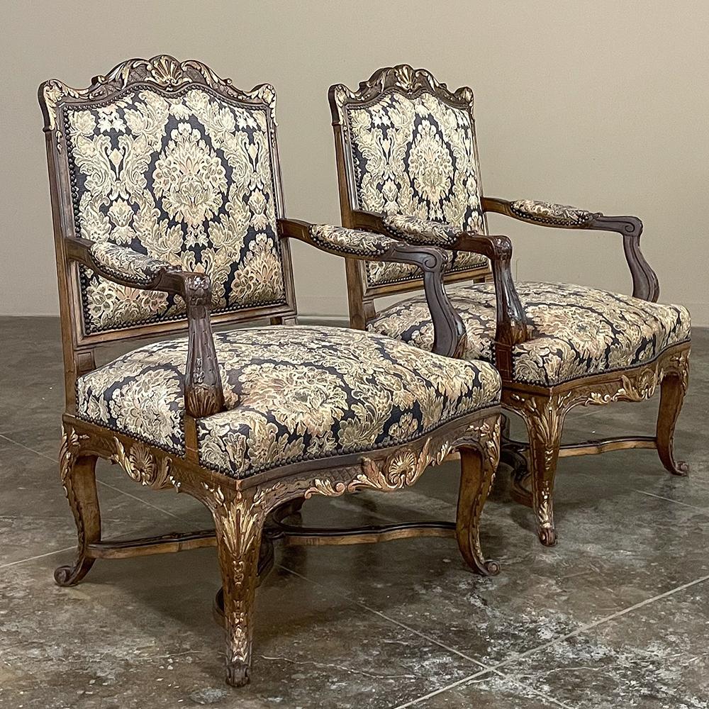 Hand-Crafted Pair Antique French Louis XIV Hand-Carved Armchairs For Sale