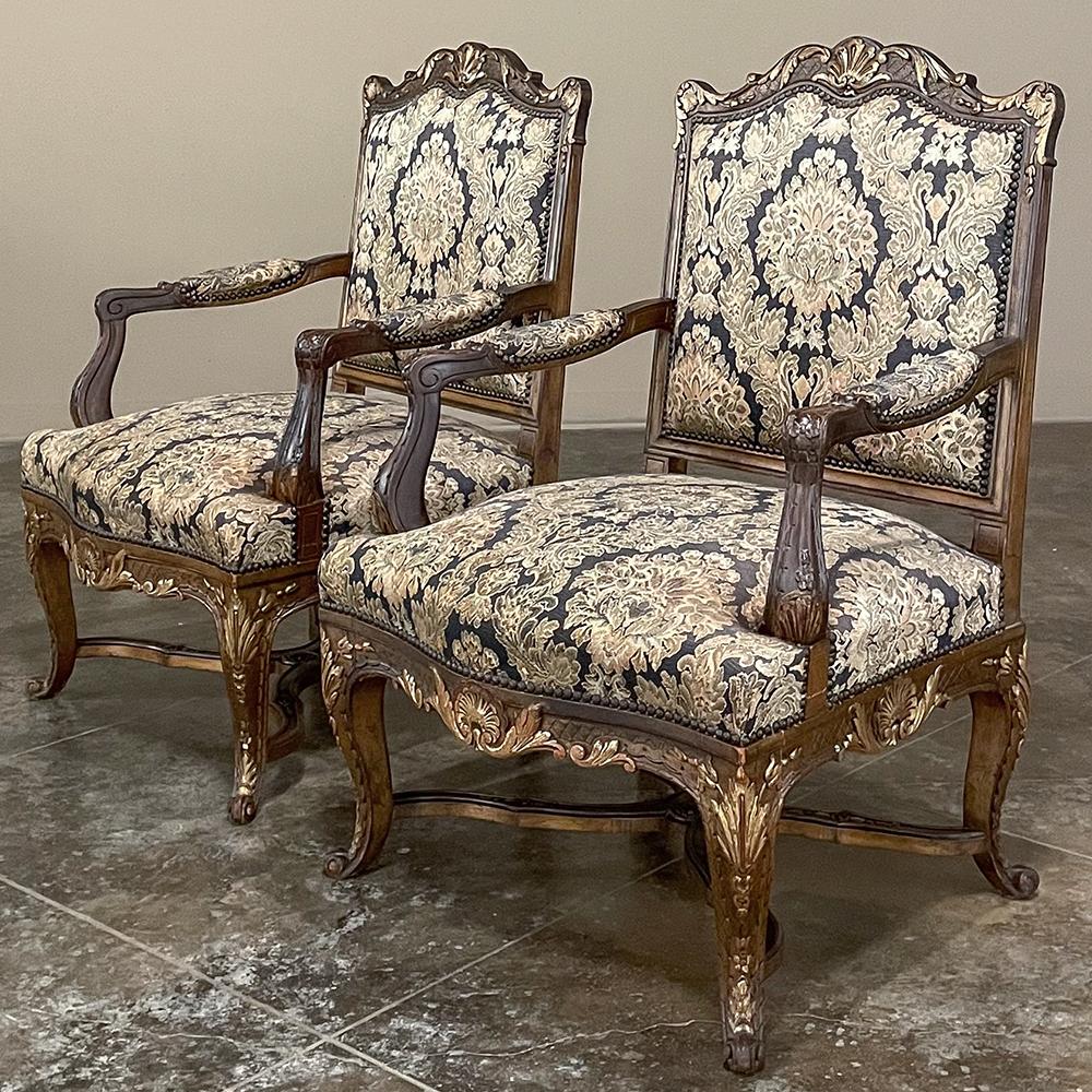 Pair Antique French Louis XIV Hand-Carved Armchairs In Good Condition For Sale In Dallas, TX