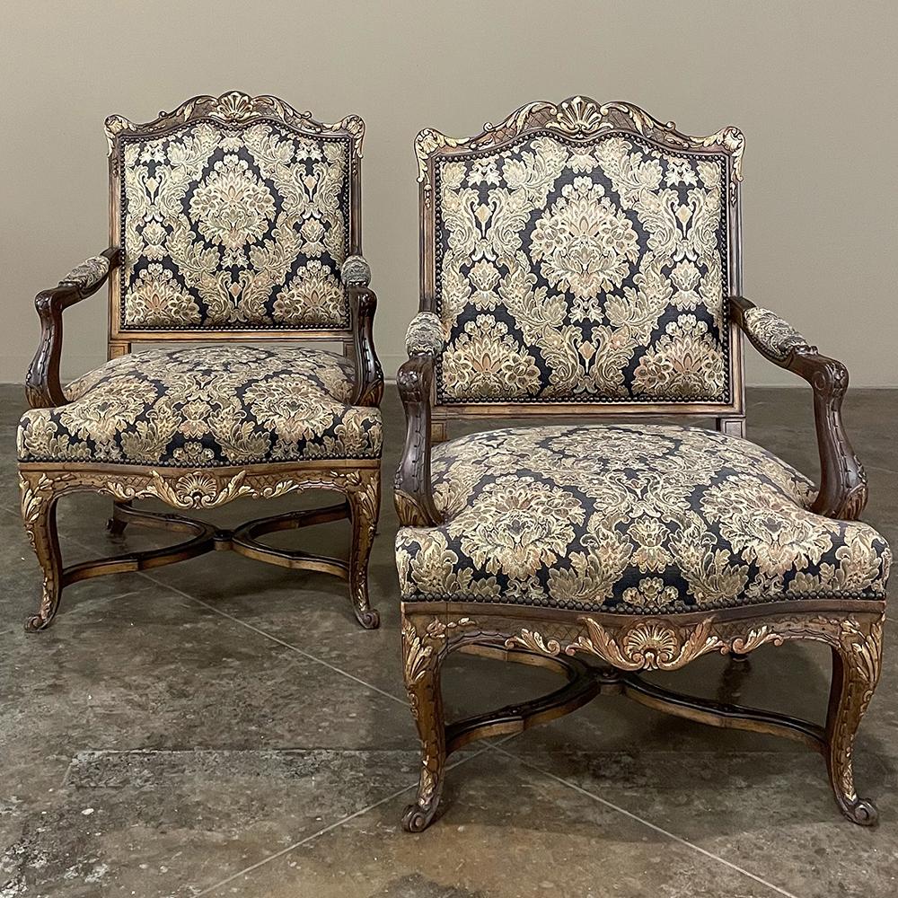 20th Century Pair Antique French Louis XIV Hand-Carved Armchairs For Sale