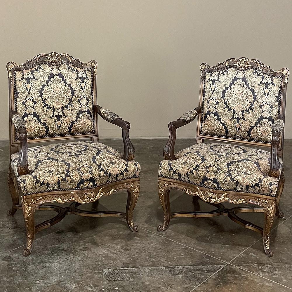 Fabric Pair Antique French Louis XIV Hand-Carved Armchairs For Sale