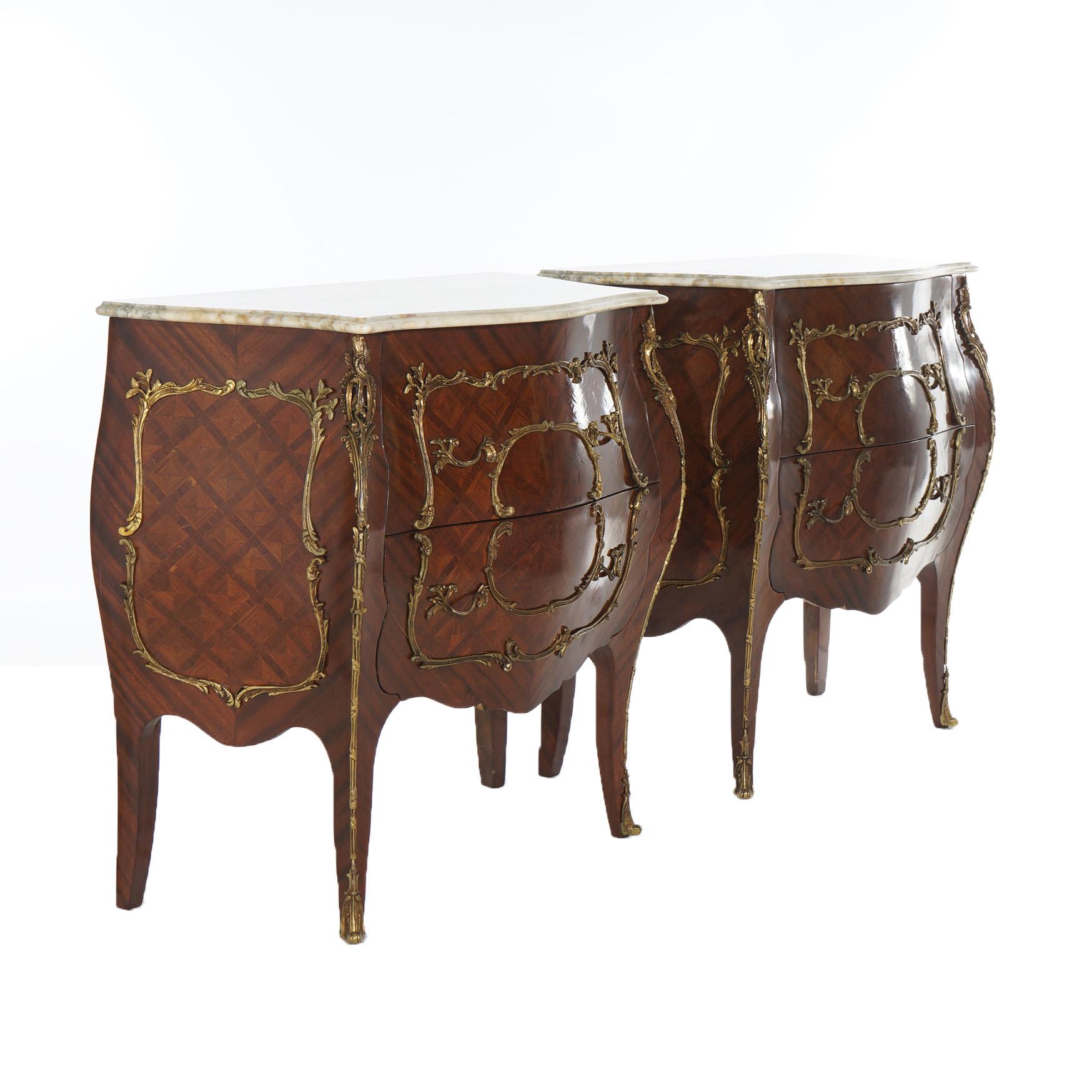 Pair Antique French Louis XIV Parquetry & Ormolu Marble Top Bomb Commodes C1940 In Good Condition In Big Flats, NY