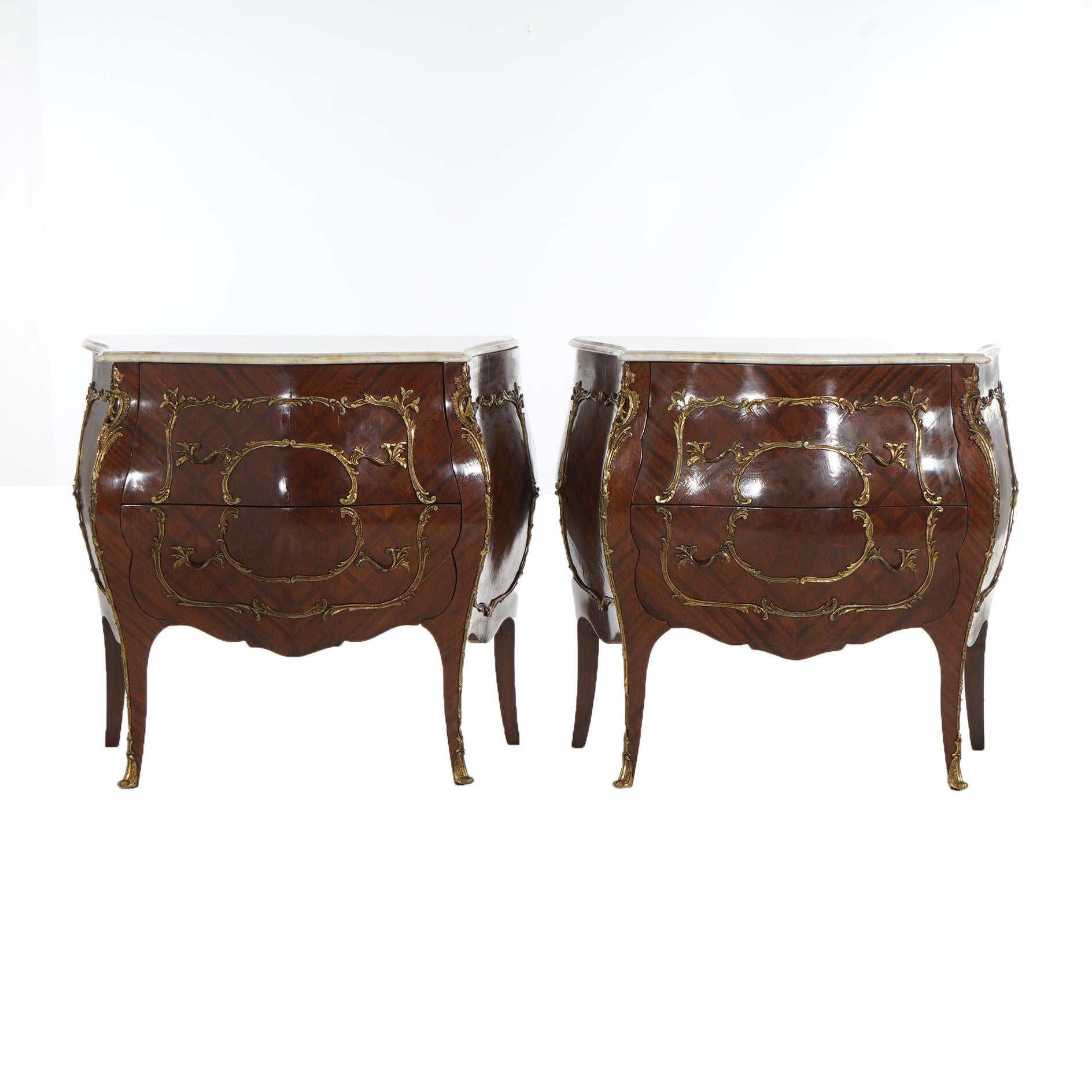 20th Century Pair Antique French Louis XIV Parquetry & Ormolu Marble Top Bomb Commodes C1940