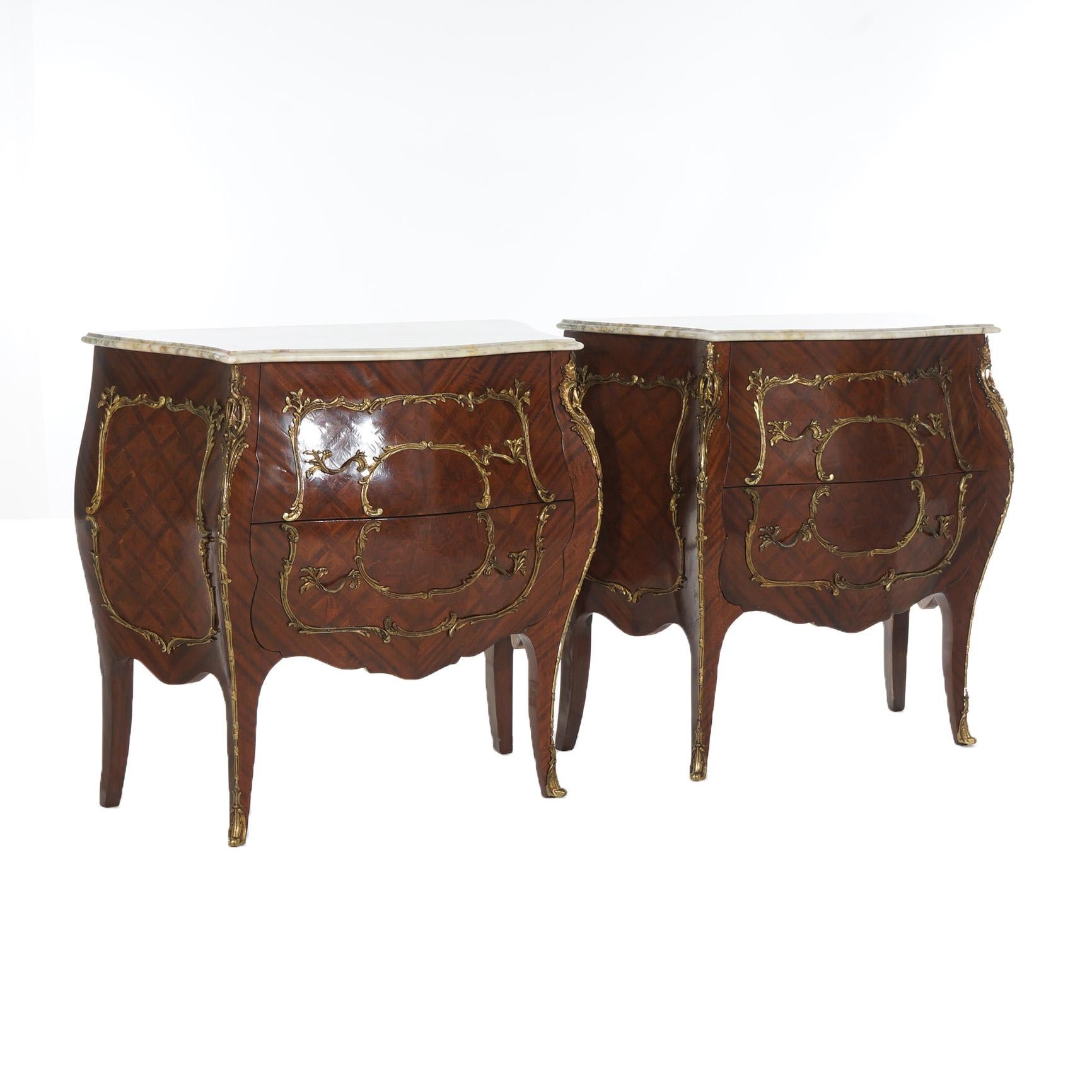 Pair Antique French Louis XIV Parquetry & Ormolu Marble Top Bomb Commodes C1940 1