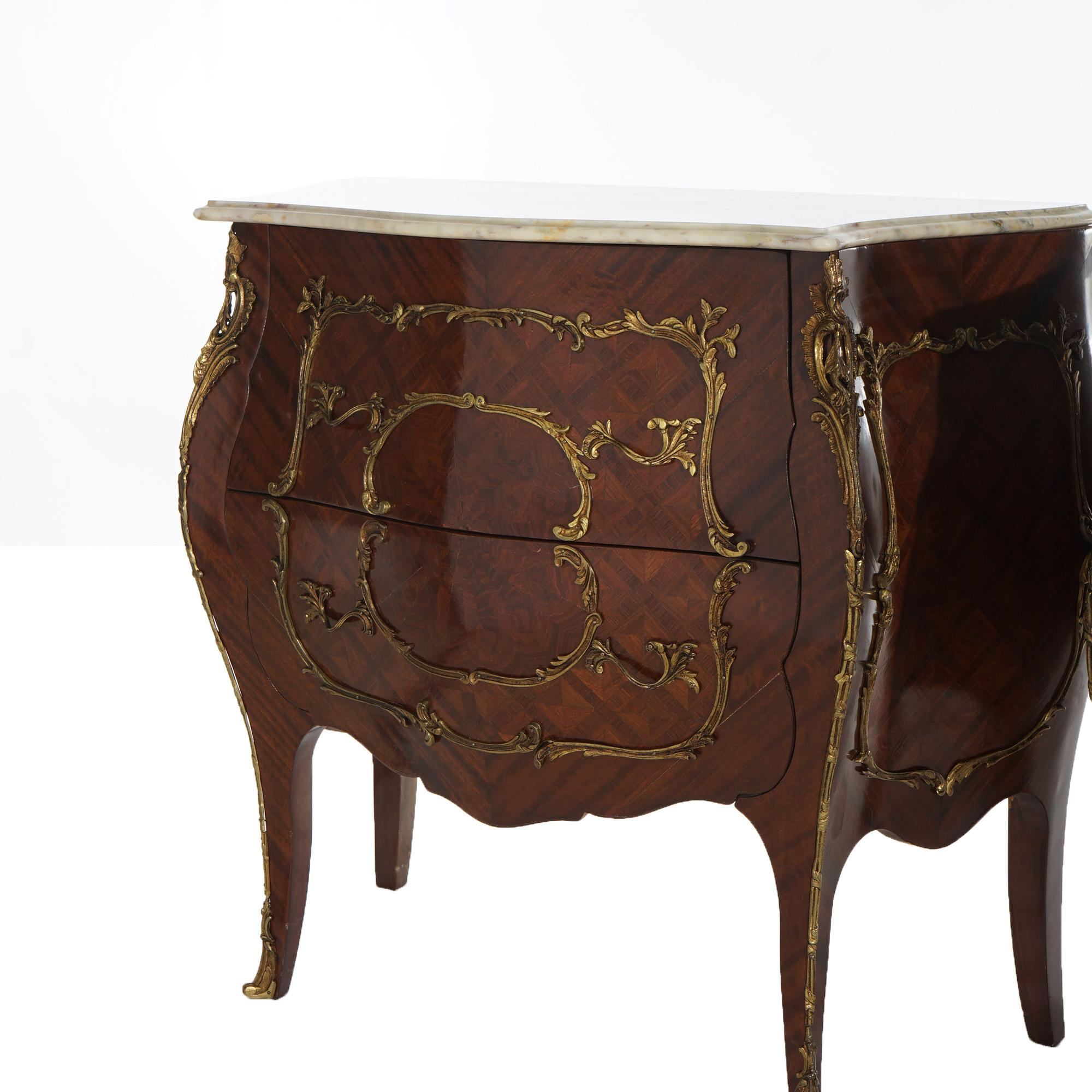 Pair Antique French Louis XIV Parquetry & Ormolu Marble Top Bomb Commodes C1940 2