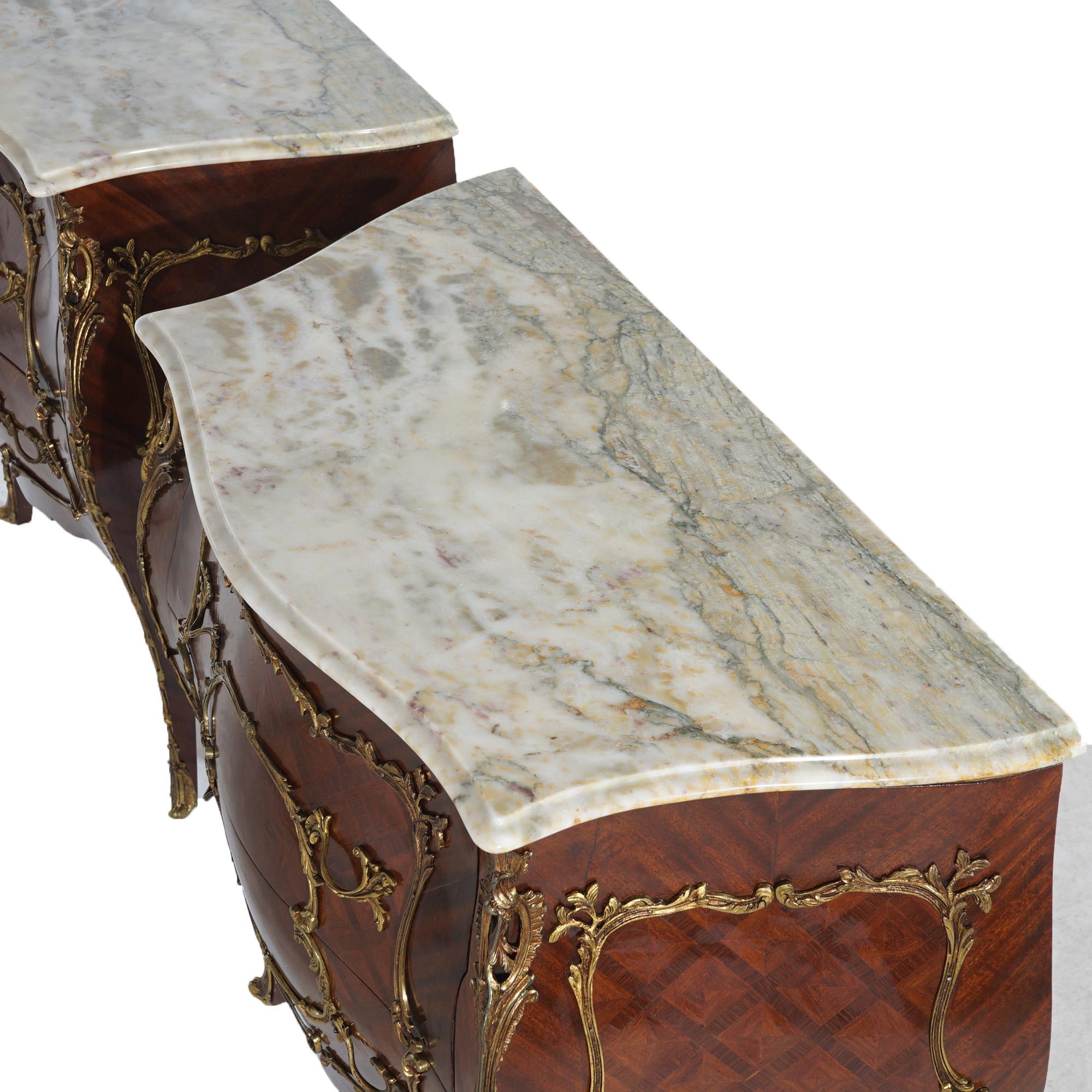Pair Antique French Louis XIV Parquetry & Ormolu Marble Top Bomb Commodes C1940 3