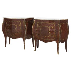 Pair Antique French Louis XIV Parquetry & Ormolu Marble Top Bomb Commodes C1940
