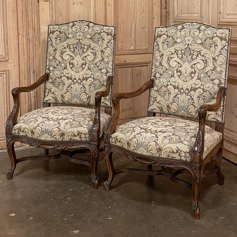 Hand-Carved Pair Antique French Louis XV Armchairs with Tapestry Upholstery For Sale