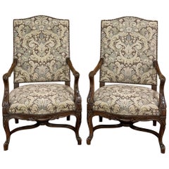 Pair Antique French Louis XV Armchairs with Tapestry Upholstery