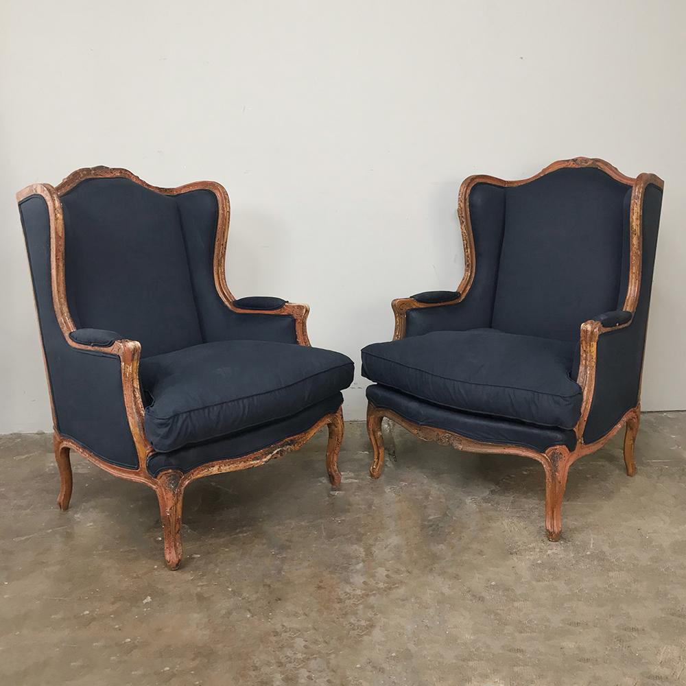 Hand-Carved Pair of Antique French Louis XV Bergères, Armchairs