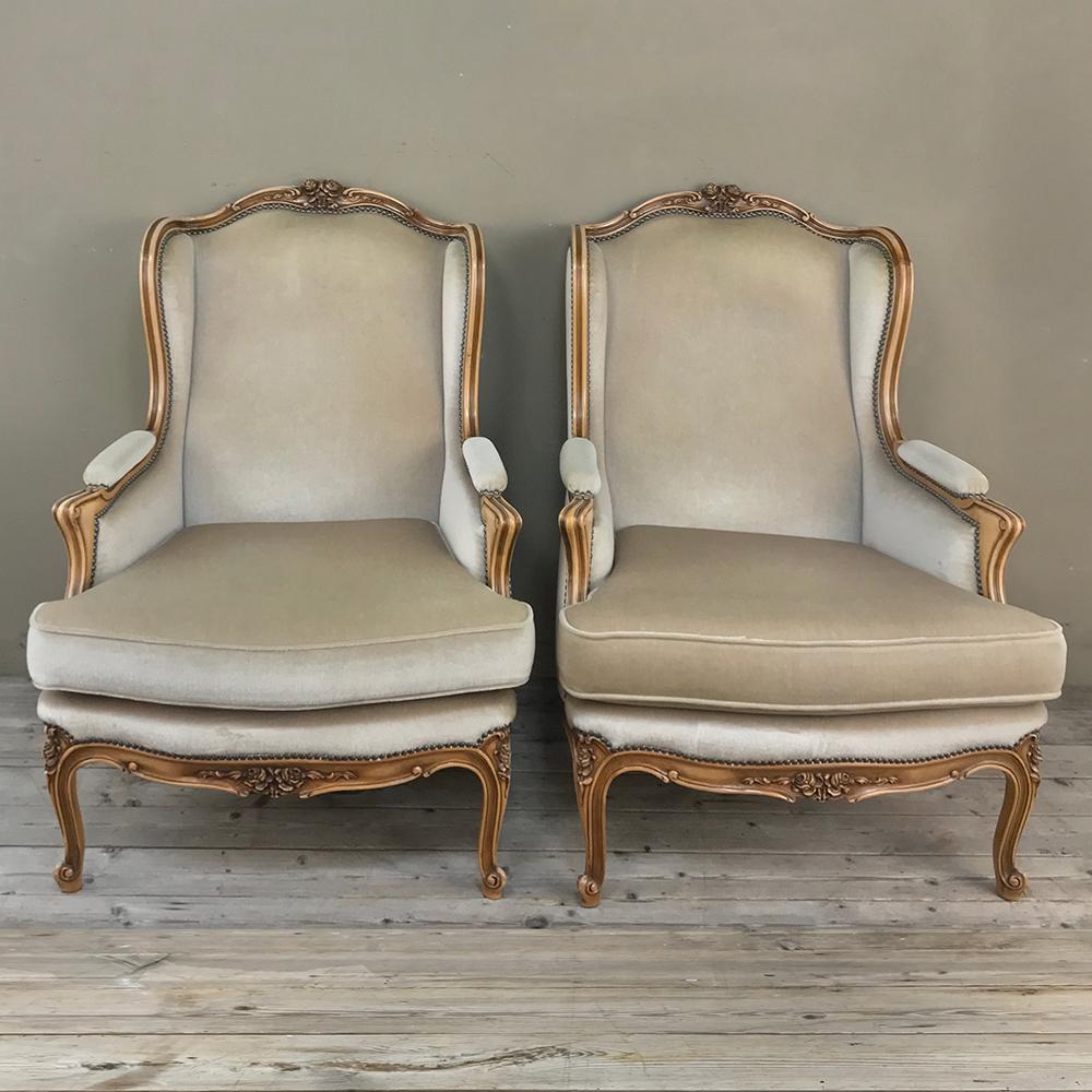 Hand-Carved Pair of Antique French Louis XV Bergeres, Armchairs