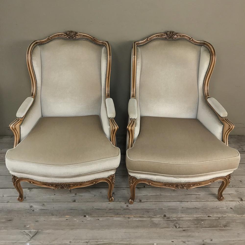 Mohair Pair of Antique French Louis XV Bergeres, Armchairs