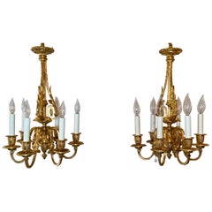 Pair Antique French Louis XV Bronze D'Ore Chandeliers, Circa 1880's